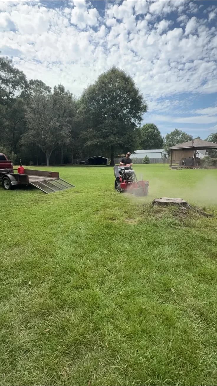 Stump grinder cutting through a large oak stump, dust flying